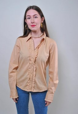 Vintage ruffled beige blouse, retro women office shirt 