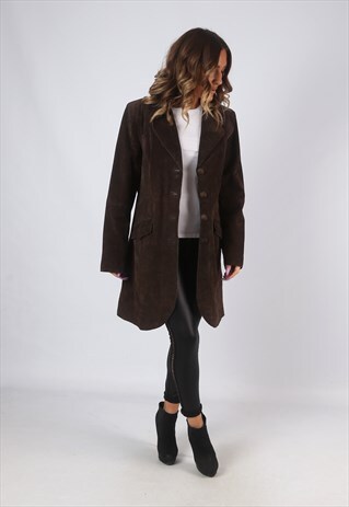 SUEDE LEATHER FITTED JACKET MID LONG VINTAGE UK 14 (GKBT)
