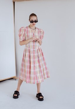 Vintage Puffy Sleeve Front Button Up Checked Midi Dress S