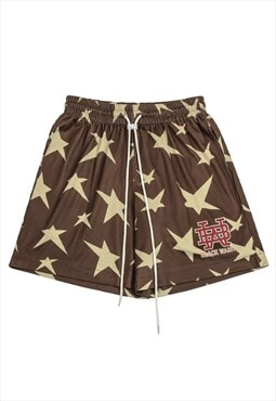 Basketball mesh shorts star print cropped pants in brown