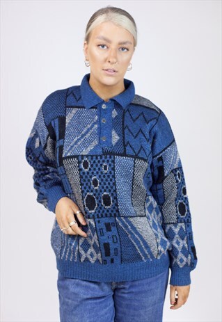 VINTAGE 90S BLUE PATTERNED KNIT JUMPER