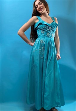 Vintage Revival Turquoise Beaded Satin Evening Gown
