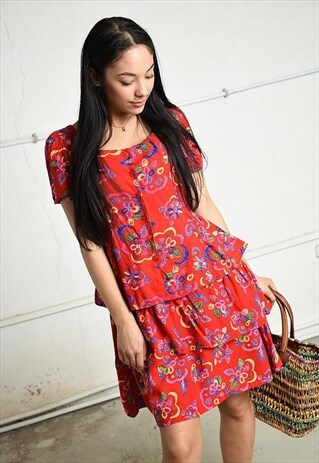 VINTAGE 80S LAYERED MINI DRESS IN RED WITH FLORAL PRINT