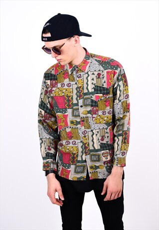 VINTAGE 80S COLOURFUL ABSTRACT LONG SLEEVE SHIRT