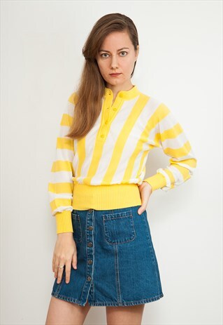 80'S VINTAGE YELLOW AND WHITE STRIPE SOFT KNIT JUMPER