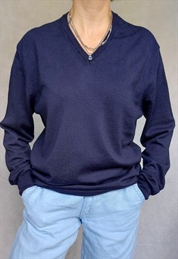 Dark Blue Pure Merino Wool Oversized Classic Pullover, XL