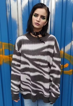 Horizontal stripe sweater grunge knit jumper 90s top in grey