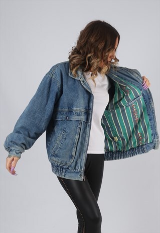DENIM JACKET BOMBER OVERSIZED PRINT LINED UK 14 (HK7S)
