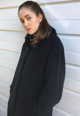WOMENS VINTAGE 80S COAT WINDSMOOR LONG BLUE FAUX FUR COLLAR