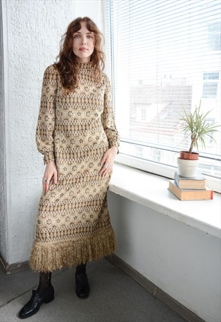 Authentic Vintage Golden Patterned High Collar Maxi Dress