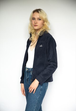 VINTAGE ADIDAS FULL ZIP EMBROIDERED FLEECE IN NAVY BLUE