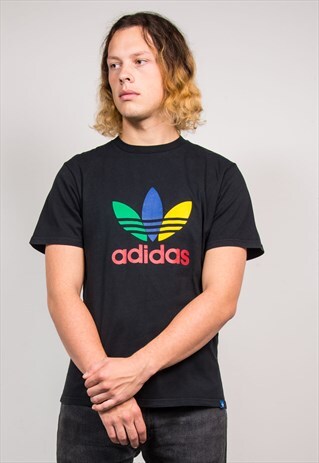 90'S ADIDAS VINTAGE BLACK RAINBOW MULTI TREFOIL LOGO T-SHIRT