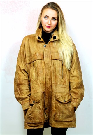 1980S OVERSIZED LIGHT BROWN TAN REAL LEATHER JACKET COAT