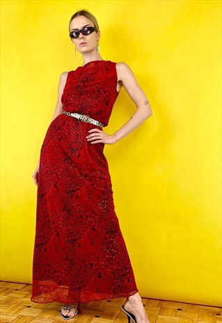VINTAGE WINE RED ANIMAL LEOPARD GOING OUT LONG MAXI DRESS