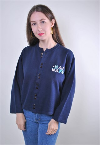 90S NAF NAF BLUE WOMEN CROPPED CARDIGAN BUTTON SWEATSHIRT