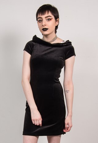 VINTAGE 90'S Y2K BLACK VELVET OFF THE SHOULDER MINI DRESS