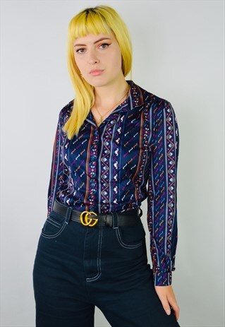 VINTAGE 70'S PATTERNED DAGGER COLLAR BLOUSE SHIRT
