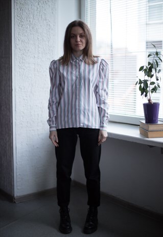 VINTAGE 90'S WHITE STRIPED PUFF SLEEVED SHIRT