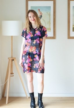 Black floral short sleeve kaftan dress