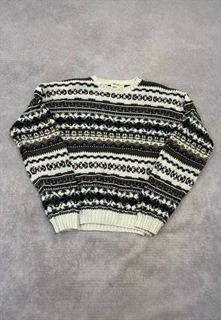 EDDIE BAUER KNITTED JUMPER ABSTRACT PATTERNED GRANDAD KNIT