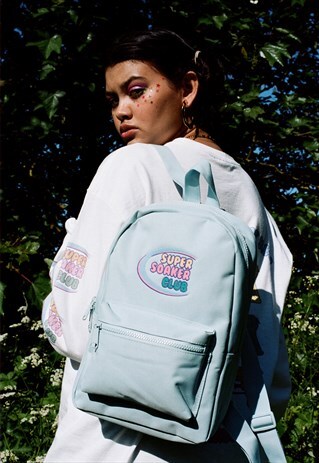 BLUE MINI BACKPACK WITH EMBROIDERED SUPER SOAKER DESIGN