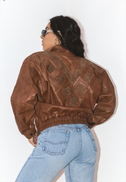Vintage Brown 80s Patchwork Real Leather Bomber Jacket 