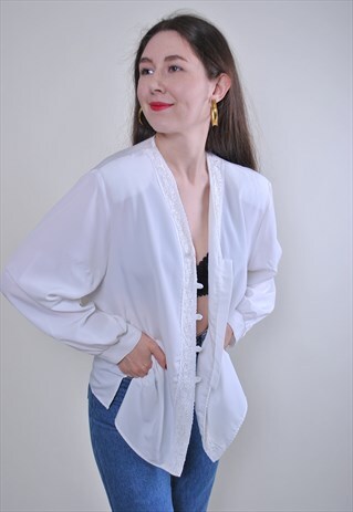WOMEN VINTAGE WHITE LACE EVENING LONG SLEEVE BLOUSE