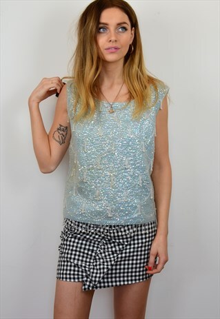 VINTAGE 60S PASTEL BLUE IRREDESCENT SEQUIN BEADED TOP