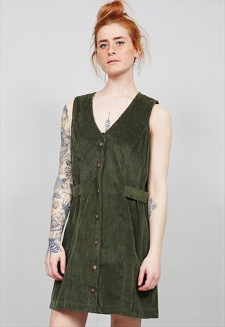 VINTAGE 90'S EMERALD GREEN CORDUROY MINI PINAFORE DRESS