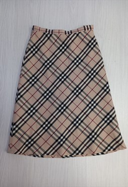 90's Vintage Tartan Skirt Midi Beige Multi