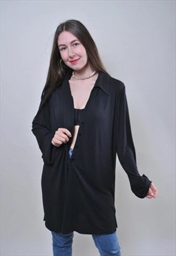 Vintage minimalist black blouse, 90s oversized women shirt 