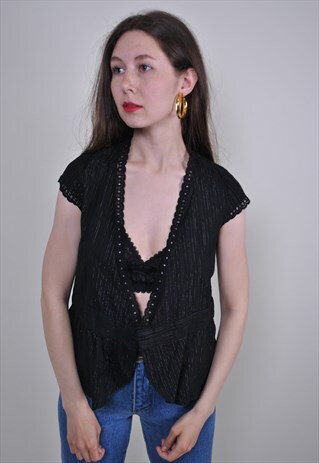 DEEP DECOLLETE VINTAGE BLACK STRIPED BLOUSE, SIZE S