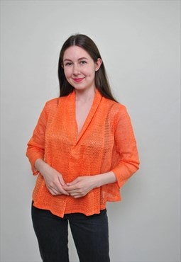 Vintage 90s knit blouse, orange grid blouse sheer knitted 