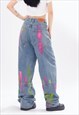 PAINT SPLATTER JEANS GRAFFITI DENIM TROUSER FLARE RAVE PANTS