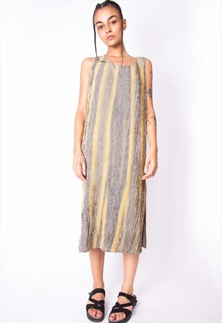 VINTAGE 90S GREY & MUSTARD PLEATED DRESS ID:2154