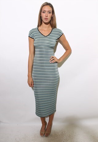 VINTAGE 90S STRIPED STRETCHY MAXI DRESS BLUE BLACK XS-S