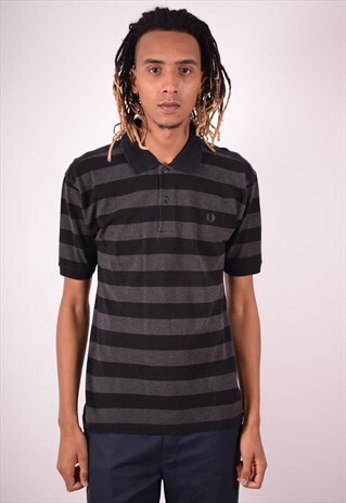 FRED PERRY MENS VINTAGE POLO SHIRT XL BLACK STRIPES 90S