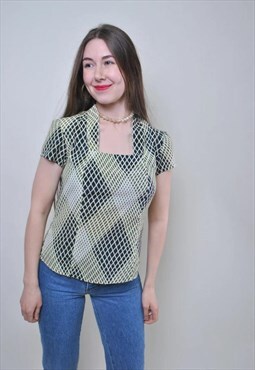 Square  neck blouse, vintage green blouse, abstract blouse, 