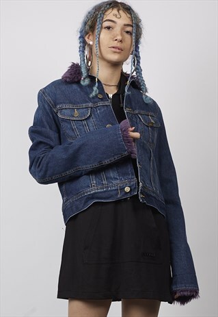 VINTAGE 90'S LEE DENIM DARK-WASH PURPLE FUR LINED JACKET