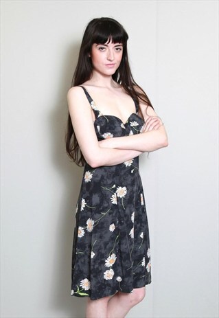 VINTAGE 1990'S GREY DAISY PRINT MINI DRESS