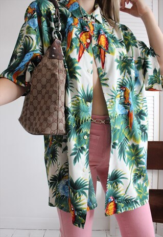 VINTAGE 80S GREEN TROPICAL HAWAIIAN SHORT SLEEVED SHIRT