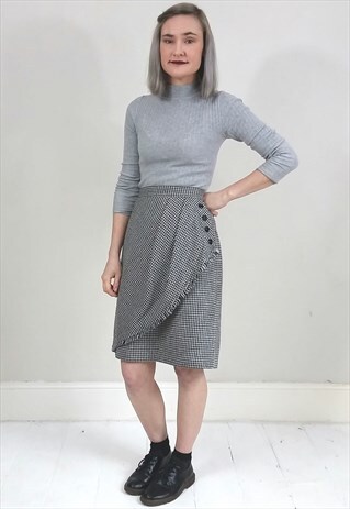 VINTAGE 80'S WOOL BLEND DOG TOOTH FRINGE PENCIL SKIRT