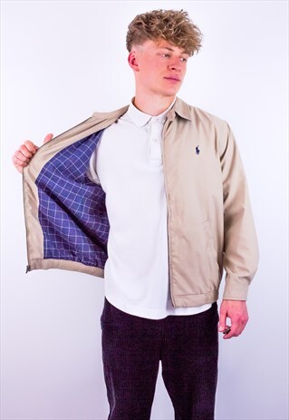 VINTAGE RALPH LAUREN CHECK LINED HARRINGTON JACKET IN BEIGE
