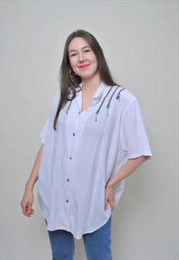 White blouse vintage, Y2K short sleeve oversized shirt