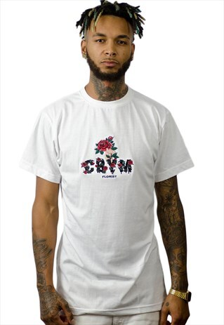WHITE FLORIST T-SHIRT WITH FLORAL EMBROIDERED LOGO