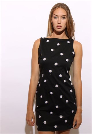 VINTAGE 1990'S 90'S EMBROIDERED DAISIES BLACK MINI DRESS M-L