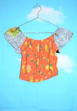 Vintage 90's Orange Floral Print Off-Shoulder Crop Top
