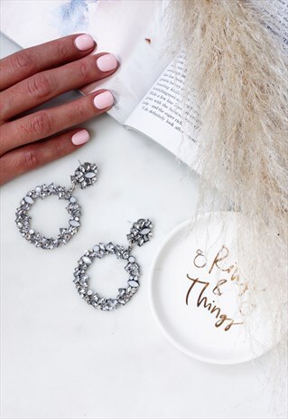 SILVER DIAMANTE STONE ENCRUSTED HOOP DROP DANGLE EARRINGS