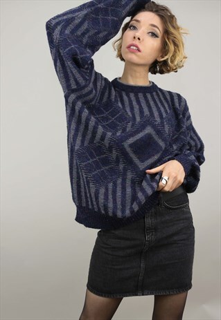 VINTAGE 80S 90S OVERSIZED PATTERNED KNIT JUMPER