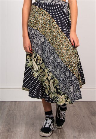 90'S FLORAL PATTERN HIPPIE BOHO WRAP AROUND MIDI SKIRT